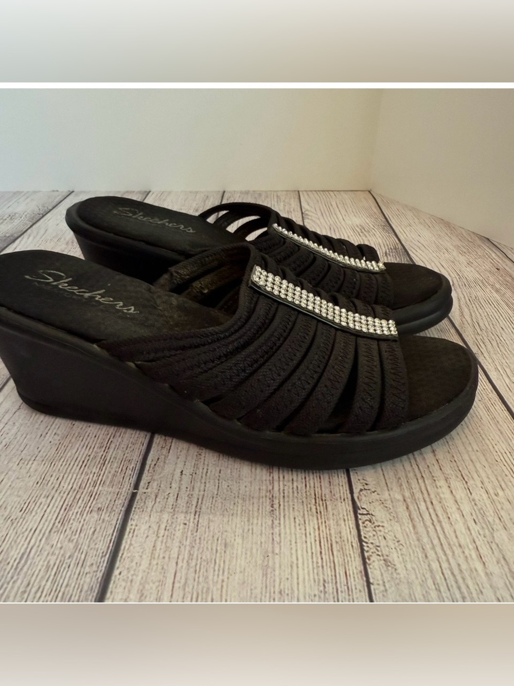 Skechers Black Wedge Slide Sandals with Rhinestone Accent